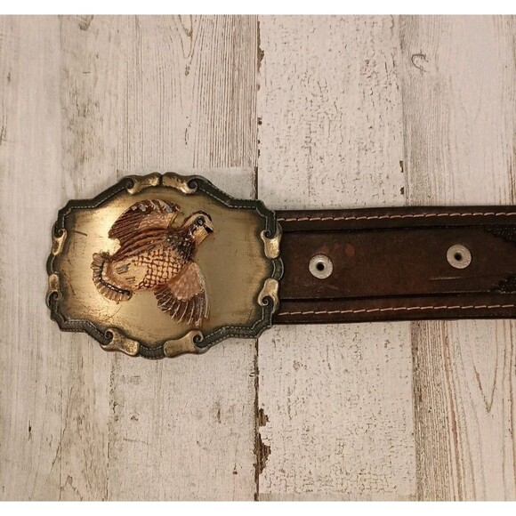 Vtg. 70s Quail Buckle Raintree Jewelry & Co On Hand Tooled Leather Belt Size 36 - Picture 3 of 16